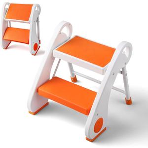 Toddler Step Stool - Foldable 2-Step Stool with Non-Slip Rubber Feet & Platform, Safety Lock, 300lbs Capacity, Lightweight for Potty Training, Bathroom Sink, Kitchen, Orange