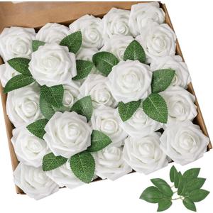 AmyHomie Artificial Flowers White Rose 100pcs Real Looking Fake Roses w/Stem for DIY Wedding Bouquets Centerpieces Arrangements Party Baby Shower Home Decorations