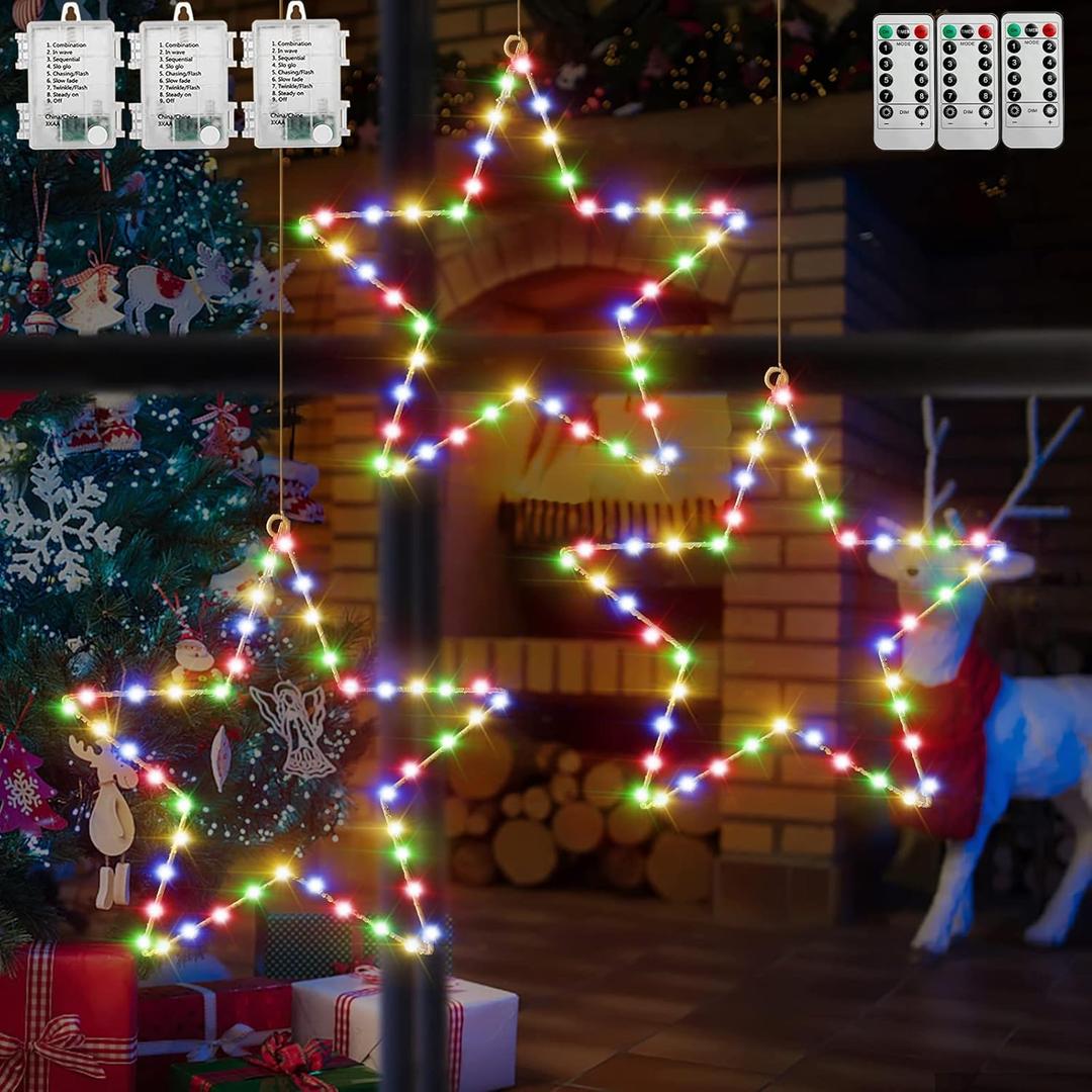 Christmas Window Star Lights with Timer, 3PCS Battery Operated Christmas Decorations Window Lights Star Indoor, 8 Lighting Modes, Remote Control