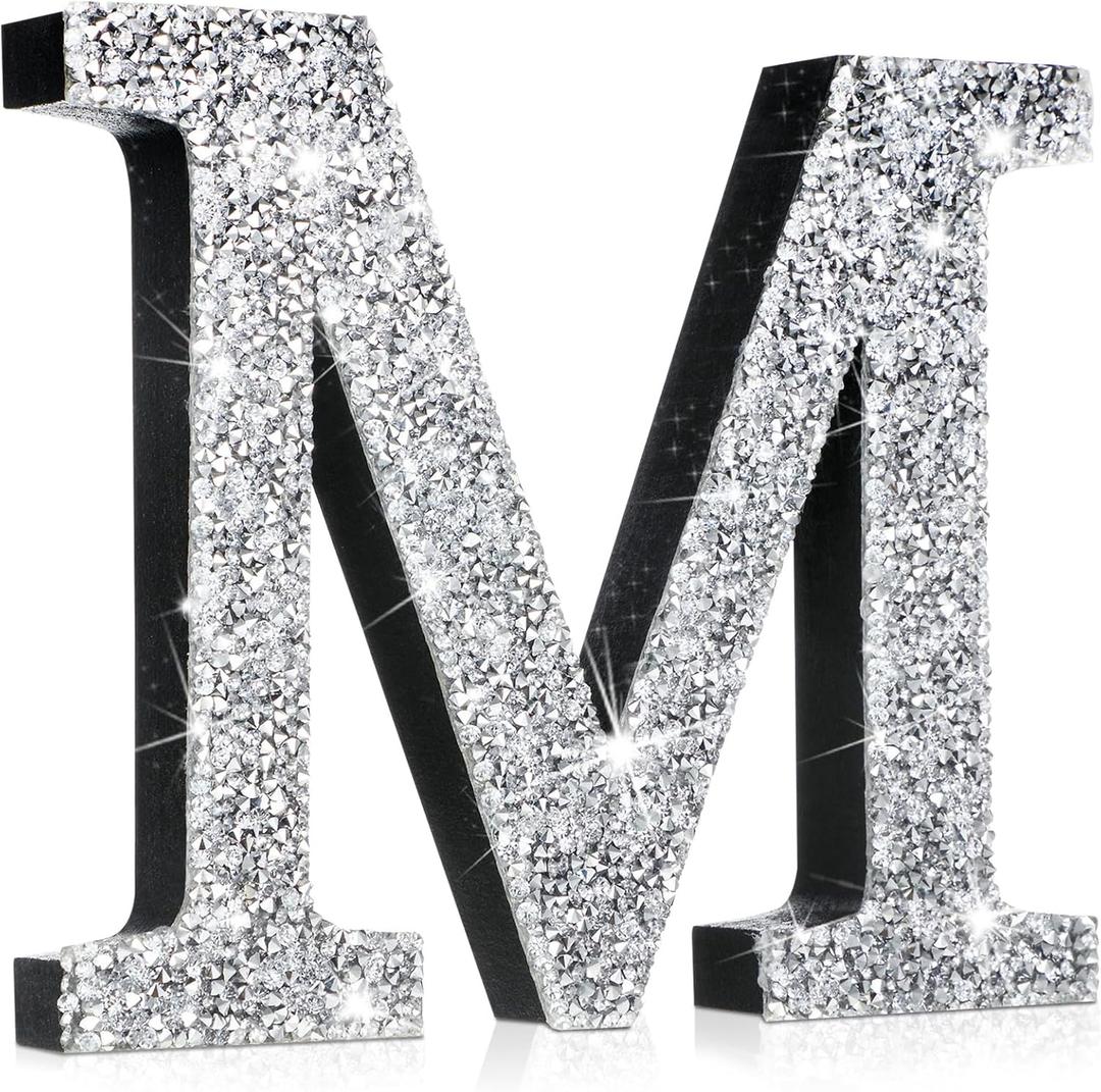 Qunclay Silver Crystal Diamond Bling Letters Crushed Diamond Decorations Glitter Letters with Screws and Hooks Rhinestone Gifts for Wedding Birthday Wall Bedroom Bathroom Decor(Letter M,12l" X 12"w)