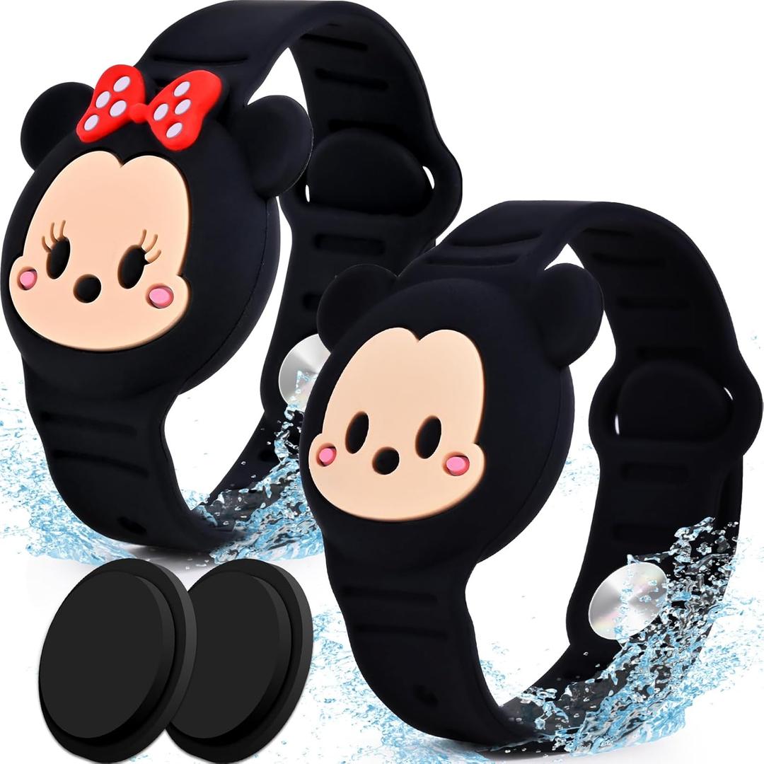 2 Pack AirTag Holder for Kids, Waterproof Airtag Bracelet for Kids with Cute Cartoon Design, Full Coverage Anti-Lost Silicone Airtag Wristband for Children, Healthy Material (Black)