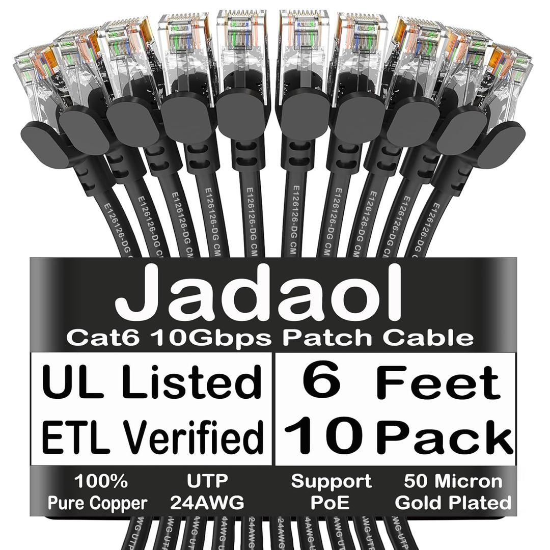 Jadaol Cat6 6ft 10 Pack Patch Cable, 10Gbps High-Speed Ethernet Patch Cables, Support Cat8/7 Network, 24AWG Pure Copper, RJ45 Gold-Plated Connectors, LAN Network Cable for Patch Panel to Switch, Black