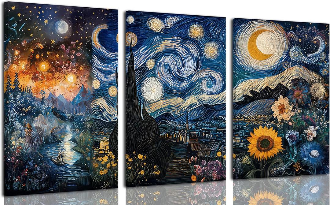 GHTGCMKX 3pcs Blue Abstract Starry Night Canvas wall art Blue Night Starry Sky Scenery Painting Picture Wall Decor Abstract Landscape Print Artwork for Living Room Office Home Decoration. 2 Ft × 16"