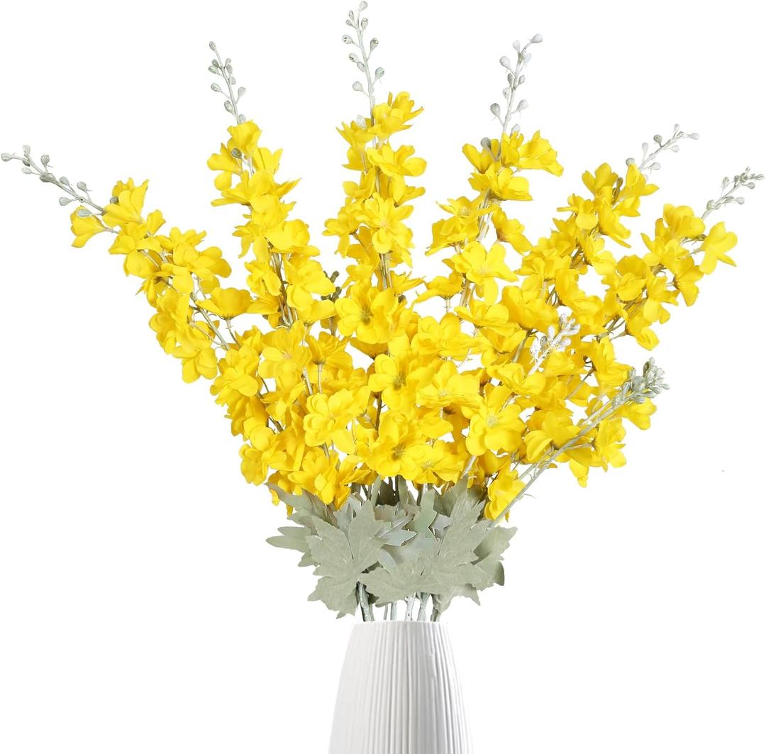 IPOPU Delphinium Artificial Flowers Yellow Flowers 6PCS Silk Flowers Larkspur Artificial Flowers 33.5in Long Stem Flowers for Home Wedding Office Arrangement Decoration(Yellow)