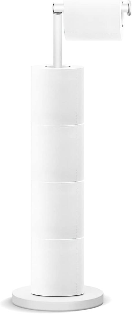 RRM Toilet Paper Holder Stand, Bathroom Free Standing Toilet Paper Holder with Reserve Storage 3-4 Toilet Paper Rolls, 22-inch Stainless Steel Toilet Paper Holder Stand (White)