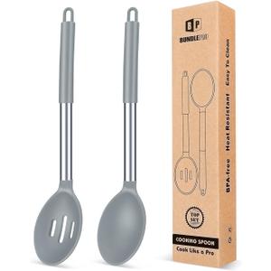 Pack of 2 Large Silicone Cooking Spoons,Non Stick Solid Basting Spoon,Heat-Resistant Kitchen Utensils for Mixing,Serving,Draining,Stirring (GREY) (Gray)