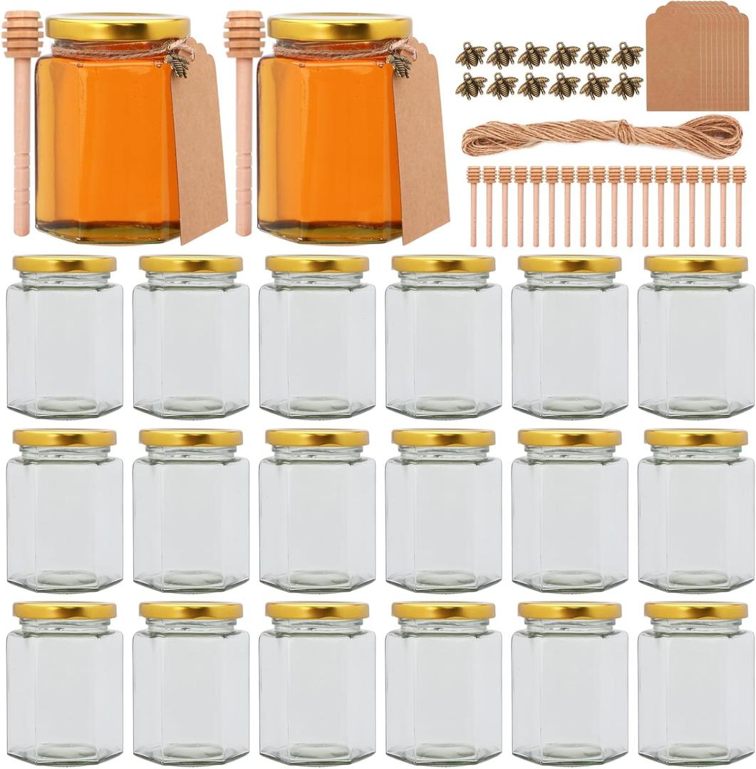 10 oz Honey Jars with Dipper, 20 Pack Hexagon Glass Jars with Golden Lids, Wooden Honey Sticks for Baby Shower Favors/Wedding Favors for Guests