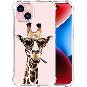 Compatible with iPhone 14 Plus Case for Women Girls Girly Cute Designer Phone Protector Clear with Design Transparent,Giraffe in Glasses Smoking Animal