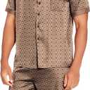 Ekouaer Men Satin Silk Pajamas Set with Pockets Sleepwear Shorts Satin Summer Loungewear 2 Piece Button Down Set S-3XL (Brown, L)