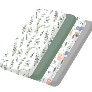 bimocosy Mini Crib Sheets, Pack and Play Sheets for Baby Boy Girl 4 Pack, Size 38"x 26" for Playard Mattress, Portable Mini Crib, Soft Pack N Play Sheets Fitted, Leaf/ Bear/ Gray/ Green