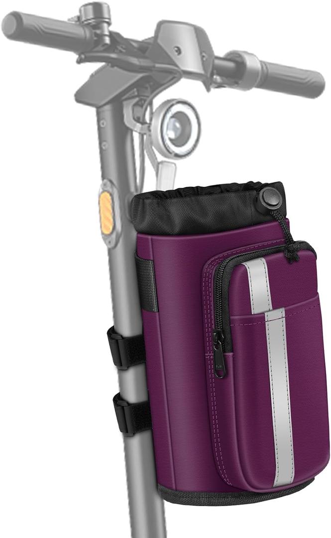 FINPAC Cup Holder for Bike, Universal Water Bottle Holder with Phone Pockets for Stroller Walker Golf Cart Rollator and Scooter, Outdoor, Biking - Purple