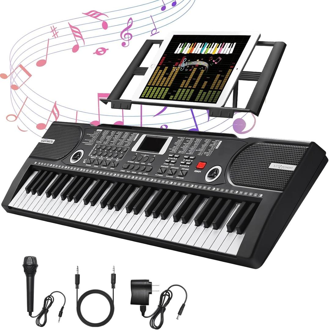 61 Key Keyboard Piano, Portable Electronic Keyboard Piano for Beginners with Speakers, Microphone, Sheet Music Stand, 100 Voices, 100 Rhythms, Digital Music Keyboard Built-In Speakers (Black)