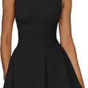 IWD Women's Boat Neck Sleeveless Mini Dress Ruched Waist Flowy Tiered Ruffle Hem A Line Party Short Dresses, Medium