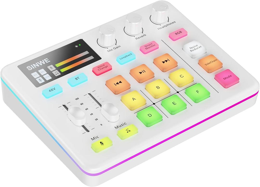 SINWE G1 Gaming Audio Mixer, RGB Audio Interface with Pro-preamp,Bluetooth, Streaming PC Mixer with XLR/48V Phantom Power for Live Streaming, Podcasting, Content Create, Gaming(White)