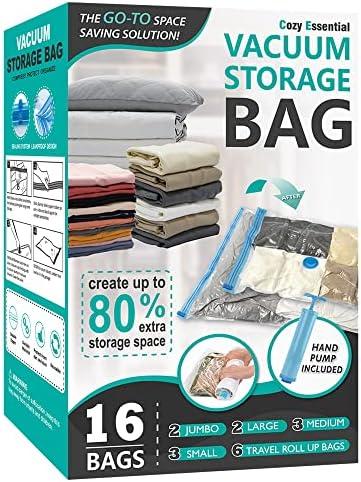 16 Pack Vacuum Storage Bags, Space Saver Bags (2Jumbo/2Large/3Medium/3Small/6Roll) Compression Storage Bags for Comforters and Blankets, Vacuum Sealer Bags for Clothes Storage, Hand Pump Included