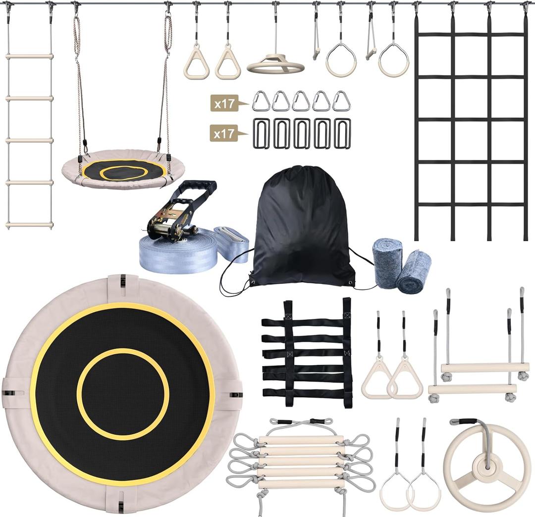 Hapfan 60 FT Ninja Warrior Obstacle Course Swing Set for Kids with Weather-Proof Accessories, Outdoor Playset with Monkey Bars for Backyard (Beige)