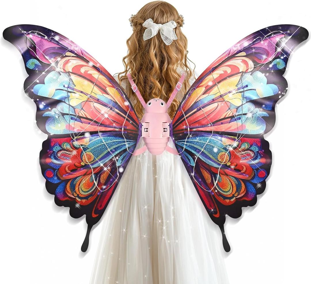 GOLDGE LED Electric Fairy Wings for Girls, Moving Butterfly Wings with Lights & Music, Toy for Halloween, Valentine, Birthday, Christmas, Party Costume, Princess Cosplay and Dress-Up (Colorful)