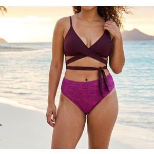 Beachlife Purple Bikini Set, Deep Burgundy Triangle Top and High-Leg Bottoms, Large