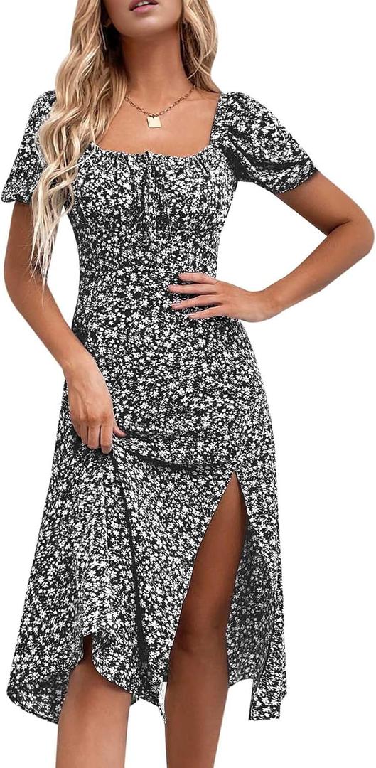 SPRIME Women's Floral Summer Casual Dress Square Neck Puff Sleeve Boho Midi Dresses Ruched Bust High Waist Split Long Dress (Black, L)