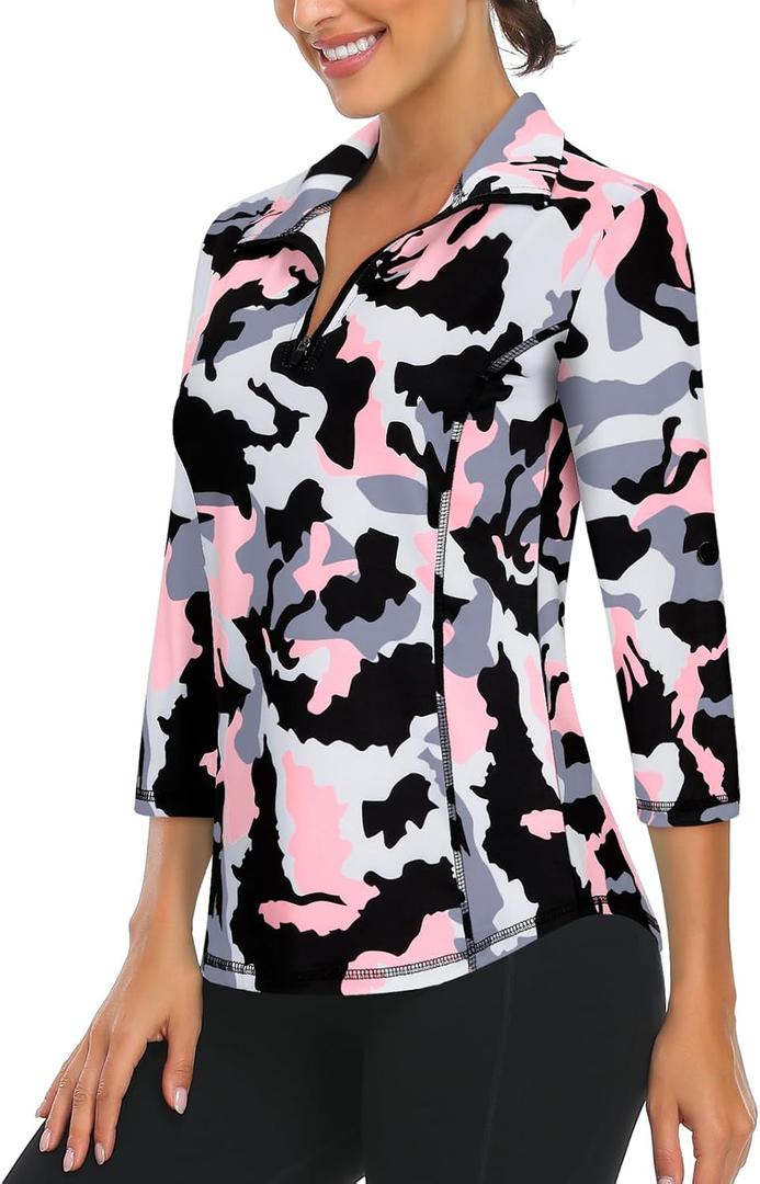 LURANEE Womens 3/4 Roll Sleeve 1/4 Zip Pullover Golf Shirts Athletic Hiking Running Workout Tops UPF 50+ (Large, Light Pink Camouflage)