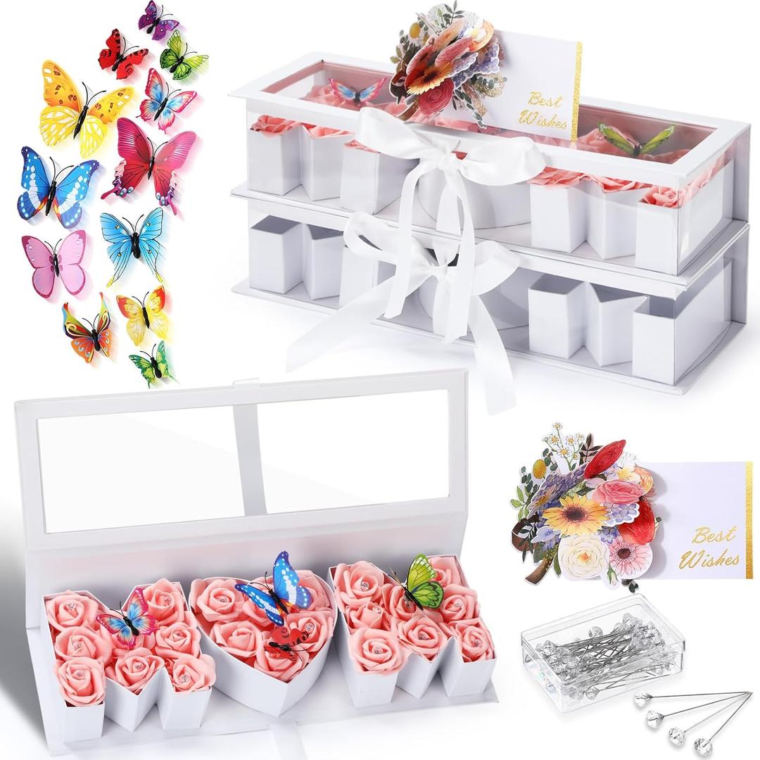 Gilprop 2 Pack Empty Mom Flower Gift Box for Mother's Day Moms Letter Shaped Empty Bouquet Box with 2 Pcs 3D Floral Greeting Card 24 3D Butterfly 50 Crystal Pins for Mother Grandma(White,Mom)