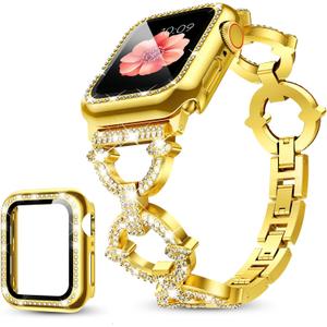 Mesime Compatible with Apple Watch Band, Women Bling Jewelry Bands with Tempered Glass Screen Protector Case, Shiny Strap for iWatch, Size: 38mm(Series 3/2/1)