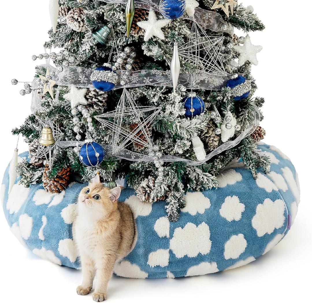 Lesure Cat Tunnel Bed for Indoor Cats - Cute Cat Donut Tunnel Toys for Small Large Cats with Washable Circle Cushion, Round Pet Peekaboo Cave Toy for Kitten/Puppy/Rabbit, Standard Cozy Clouds Blue