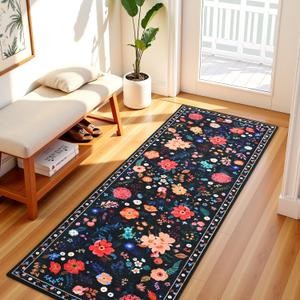 Terrug Floral Entryway Runner Rug 2x6, Washable Black Boho Rug for Hallways Non-Slip, Soft Stain Resistant Vintage Carpet Runner Rugs for Kitchen Bedroom Doorway Bathroom