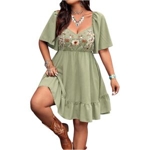 Verdusa Women's Plus Size Western Boho Floral Dress Cowgirl Country Concert Vacation Outfits Flowy Summer Dresses (XX-Large Plus, Olive Green)