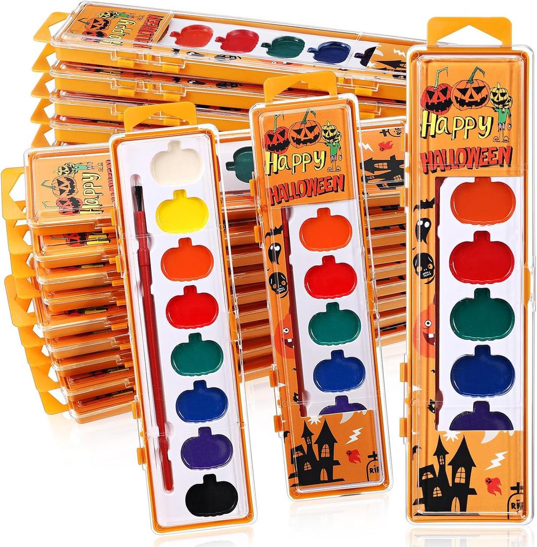 Watersay Halloween Pumpkin Watercolor Paint Set 8 Washable Colors with Brushes Water Color Painting Kit for Halloween Painting Kit Gift Party Supplies(12 Pack)