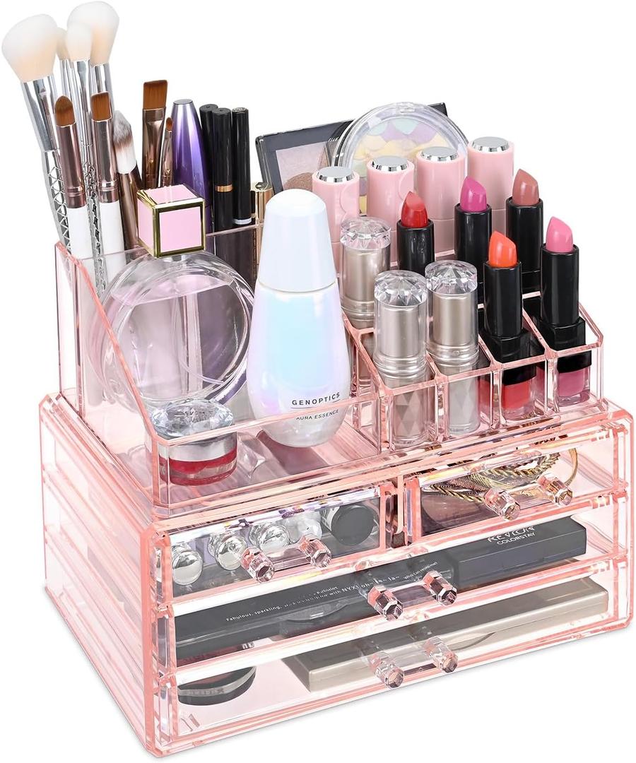 Ikee Design Pink Jewelry & Cosmetic Storage Display Boxes Two Pieces Set, Pink Cosmetic Jewelry Organizer Makeup Holder, Organizer for Vanity (1a) 1 Top 4 Drawers, Pink)