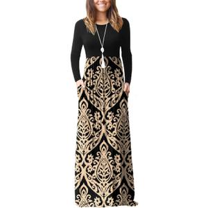 GRECERELLE Women Long Sleeve Casual Round Neck Loose Solid Floral Maxi Long Dress with Pockets, S-3XL (XX-Large)