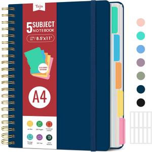 Hardcover Spiral Journal Notebooks for Work With Removable Dividers & Tabs, 8.5"x11" 5 Subject Notebook for Note Taking & Organizer, A4 College Ruled Lined Journal for Women & Writing, Navy Blue, 280 Pages