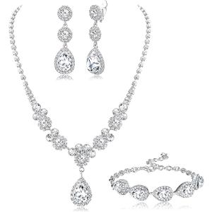 FUNRUN JEWELRY Silver Jewelry Set for Women Rhinestone Necklace and Earrings Bridal Wedding Jewelry Sets for Brides Bridesmaid Crystal Wedding Prom Jewelry