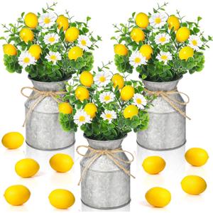 Mimorou 3 Sets Artificial Potted Lemon Decor Fake Fruit Lemon Flowers Table Centerpiece Faux Summer Kitchen Vases Tiered Tray Decor Farmhouse Plant for Indoor Outdoor Home Bathroom Dining
