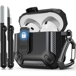 RFUNGUANGO for AirPods 4th Generation Case, Compatible with AirPods 4th Generation Case (2024), Locking Function, Military-Grade Drop Protection, with Cleaning Kit-Black