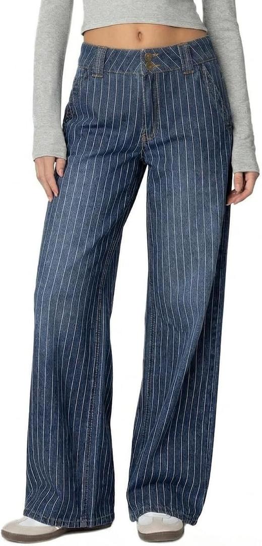 Women's Mid Rise Striped Baggy Barrel Jeans Wide Leg No Stretch Denim Pants, Size XSS (Blue)