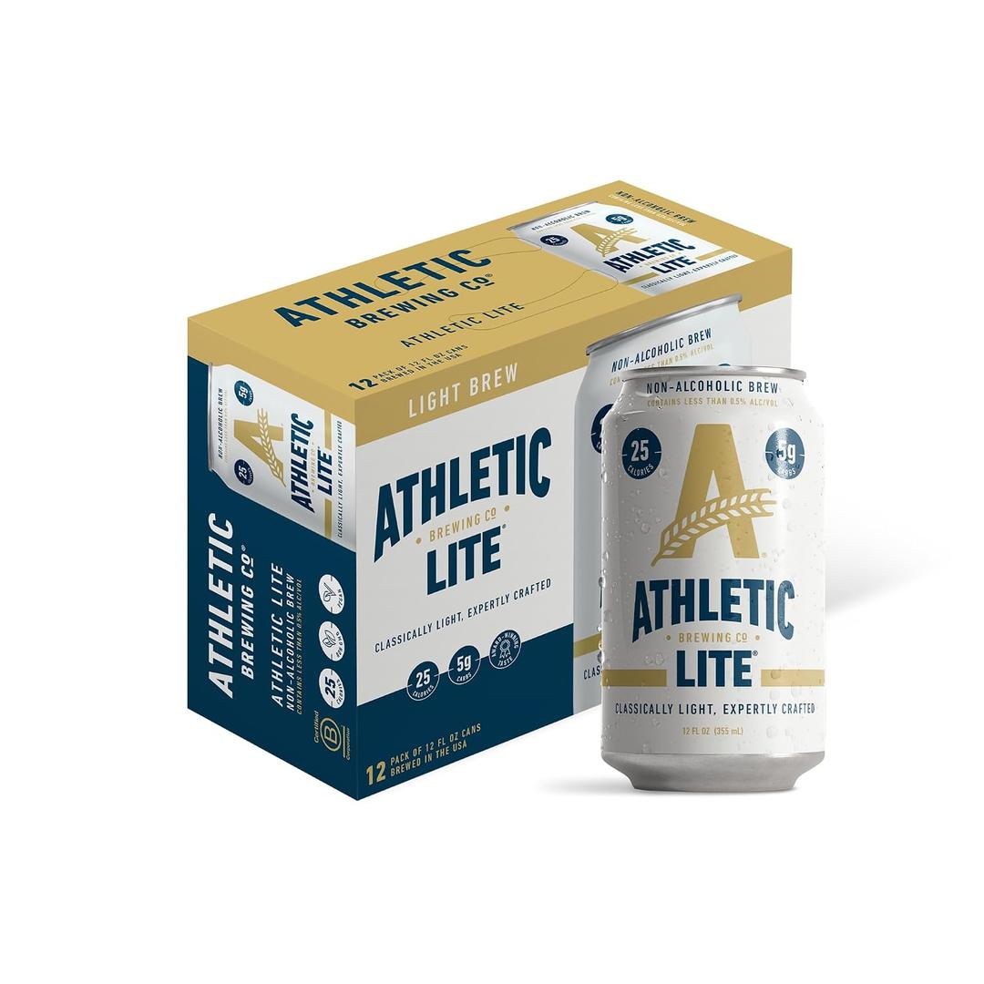 Athletic Brewing Company Craft Non Alcoholic Beer, Low Carb Light Brew With Rice & Malt Body, Pair With Salad & Pizza, Vegan, Low Calorie Athletic Lite, 12 Pack, 12 FL Oz Cans (EXP 08/12/26)