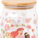 Silver Buffalo Disney Princesses Featuring Rapunzel Tangled, Ariel Little Mermaid, Tiana Princess and the Frog Spring Floral Glass Jar Tumbler with Bamboo Lid and Glass Straw, 16 Ounces