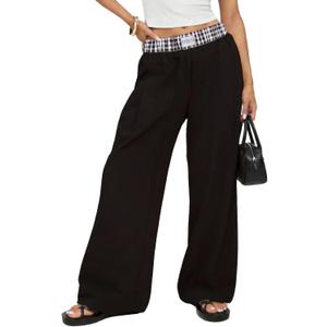 Wide Leg Slacks Pants for Women Pull on High Waisted Business Trousers with 3 Pockets for Casual Office Wear (Black, S)