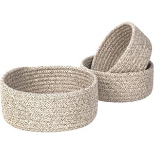 MINTWOOD Design Set of 3 Cotton Rope Nesting Bowls, Small Catch All Basket, Cute Closet Baskets and Bins for Shelves, Mini Table Basket Organizer for Small Accessories, Light Brown