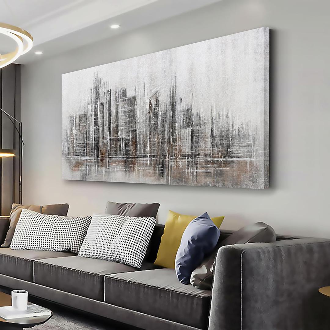 Abstract Wall Art Modern Art Wall Decor Canvas Printed Matter Gray Brown Abstract City Reflection Framed Artwork Canvas Painting for Living Room Bedroom Office Home Decor 24x48 Inch (Grey)