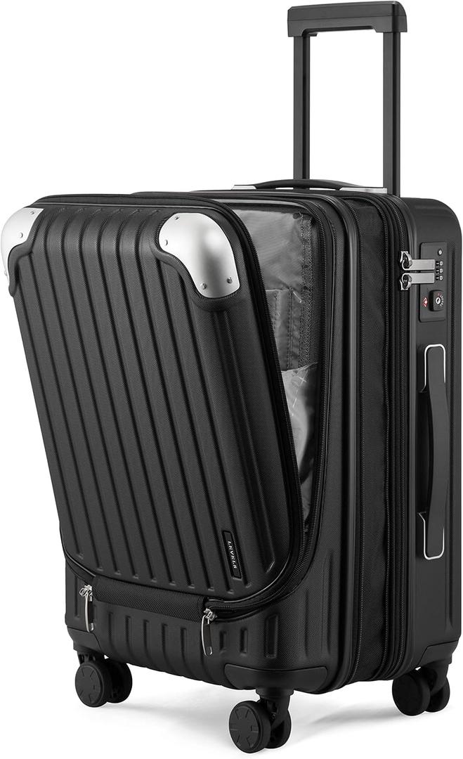 LEVEL8 Grace Hard Shell Carry-on Luggage with Front Compartment, 20 Inch Expandable Suitcases with Wheels, Lightweight Carry-on Suitcase for Airplane, TSA Lock, Black