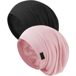 Silk Bonnet for Sleeping Women, Adjustable Silky Satin Lined Sleep Cap, Silk Hair Wrap Slouch Beanie Hat (Black&pink)