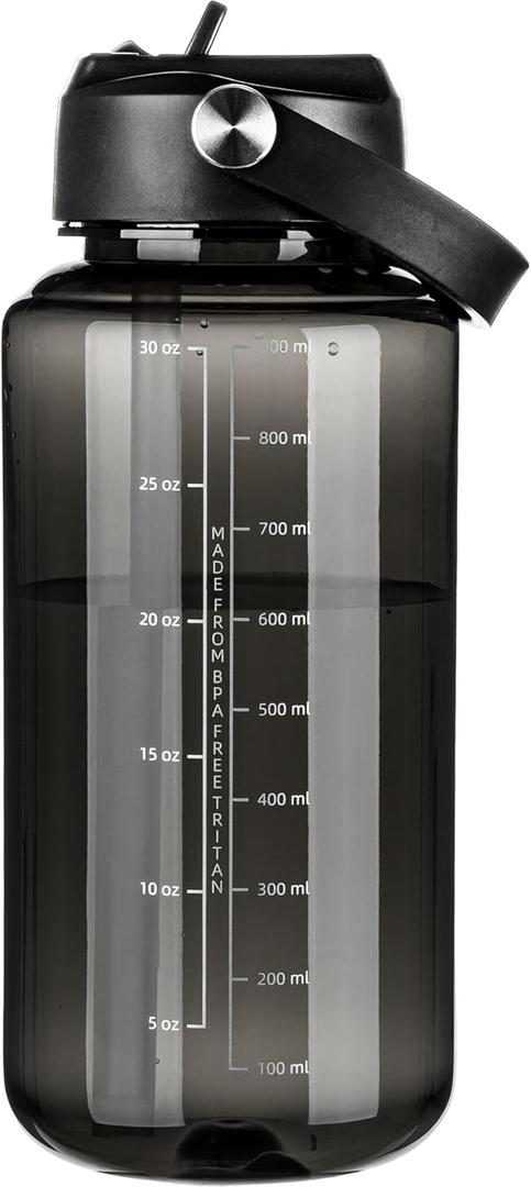 OLDLEY 32 oz Clear Water Bottle with Straw,Tritan BPA-Free, Wide Mouth, Leak Proof - for Gym, Travel, Home, School, Office (Black)