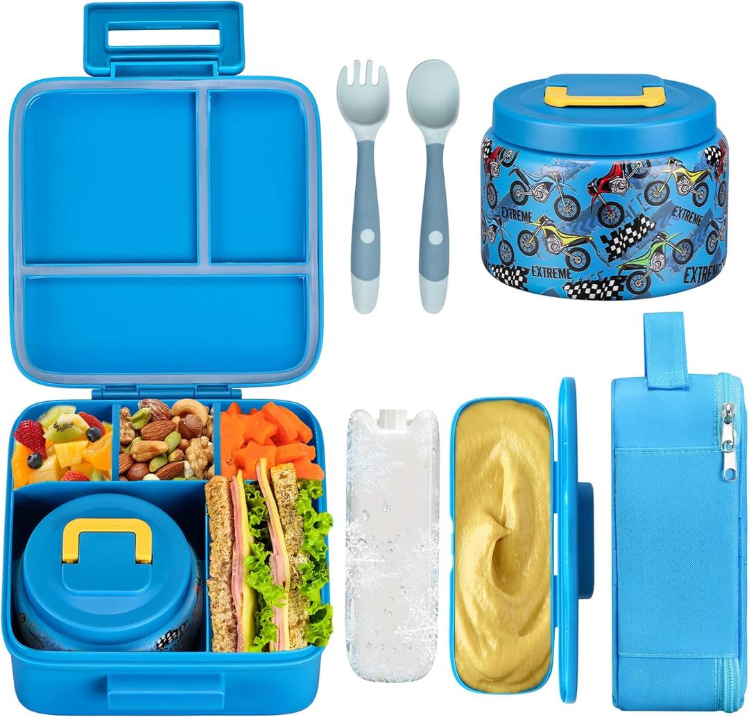 Bento Lunch Box for Kids With 8oz Soup thermo, Leak-proof Lunch Containers with 5 Compartment, thermo Food Jar and Lunch Bag, Food Containers for School (A-Blue(Extreme Locomotive))