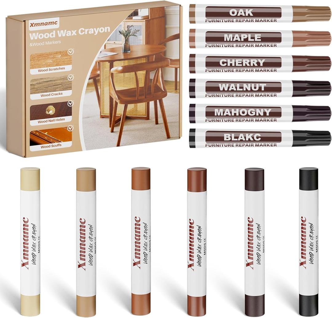 Wood Filler Sticks, 12 Colors Furniture Markers Touch Up for Repair Any Furniture Scratch, Scuffs, Cracks and Nail Holes on Wood Furniture, Floors, Doors, Cabinets, Tables