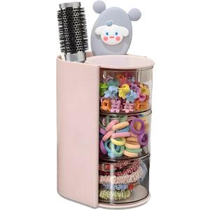 Hair Accessories Organizer with Hair Brush Holder, Rotatable Makeup Brush Holder for Necklaces, Earring, Bracelet, Ring, Makeup Brushes, Hair Clip and Hair Accessories (Pink, 3-Layer)