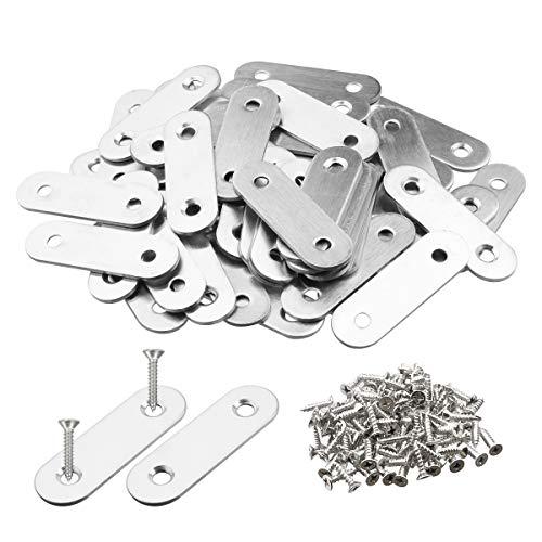 TOPPROS Pack of 30 Flat Corner Brace Plates Metal Joining Plates Connector Repair Bracket with Fixing Screws, 2.4 inchx0.6x0.08 inch , 2 Holes,Stainless Steel, Silver Color