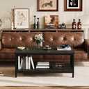 Coffee Table for Living Room with Slatted Sides Frame, Modern Farmhouse Living Room Table with 2-Tier Storage Shelf for Home Office, Apartment, 39 inch, Black, 39.4L*21.6W*18.1H